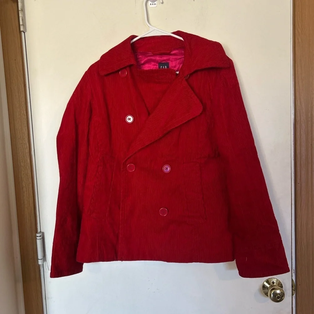 Y2K GAP Womens Large Red Corduroy Button Front Satin Lined Pea Coat